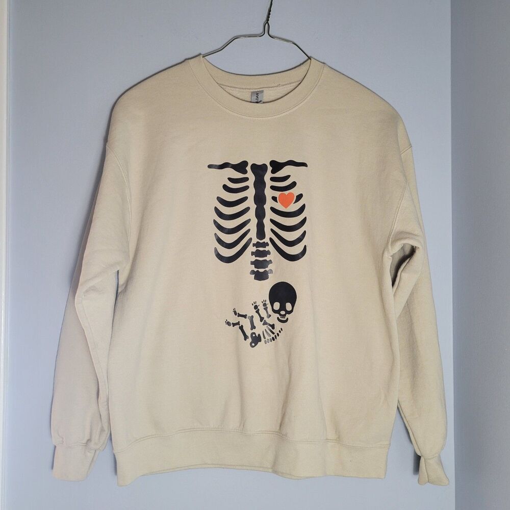 Gildan Womens Baby Skeleton Crewneck Beige Pregnancy announcement Graphic Size L